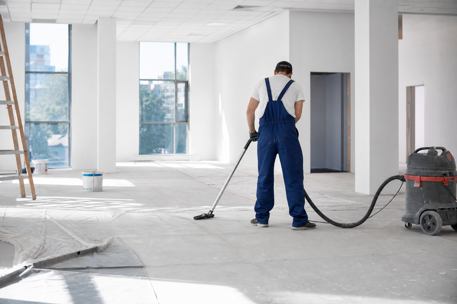 Nettoyage professionnel après travaux dans un bureau vide