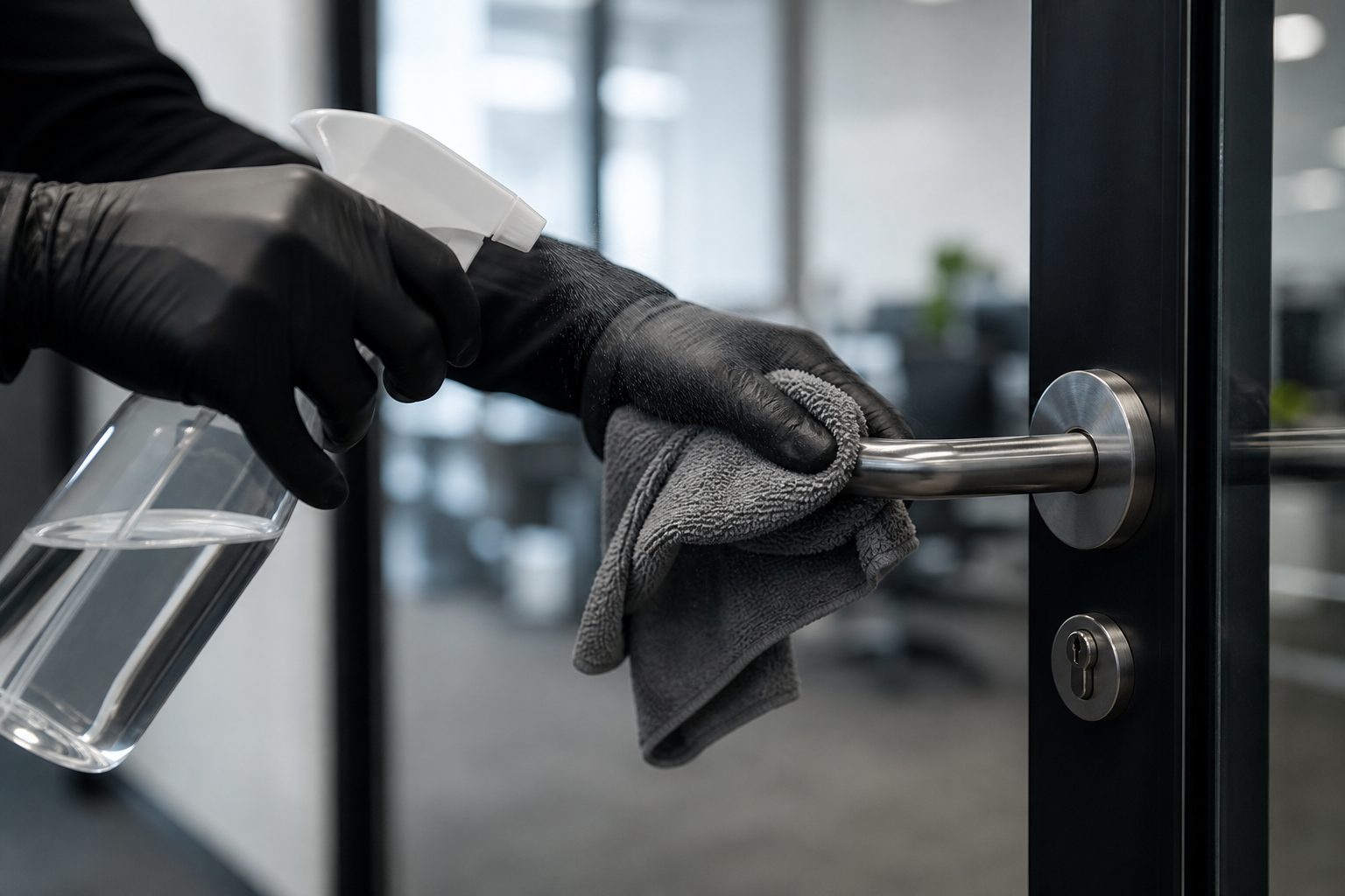 Désinfection d'une poignée de porte avec gant et microfibre